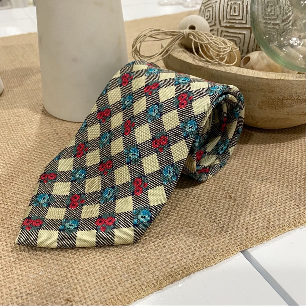 Allea Milano Tie Floral Plaid Print 100% Silk Red Blue Beige Formal Wedding